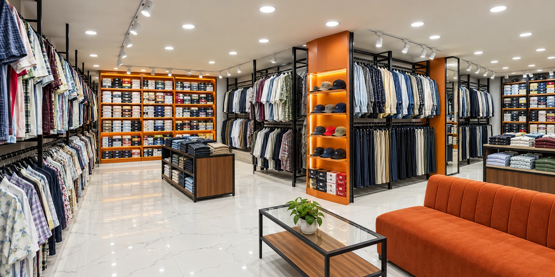 AI-generated apparel showroom inspired by Maaax’s store displays and materials